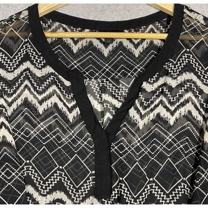 Jeans by Buffalo Women's Blouse‎ Tunic Size Large Brown Black SHEER 3/4 Sleeve